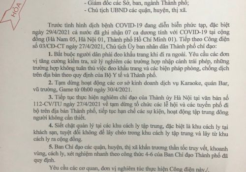 Công điện số 04/CĐ-UBND về tăng cường phòng chống dịch Covid 19